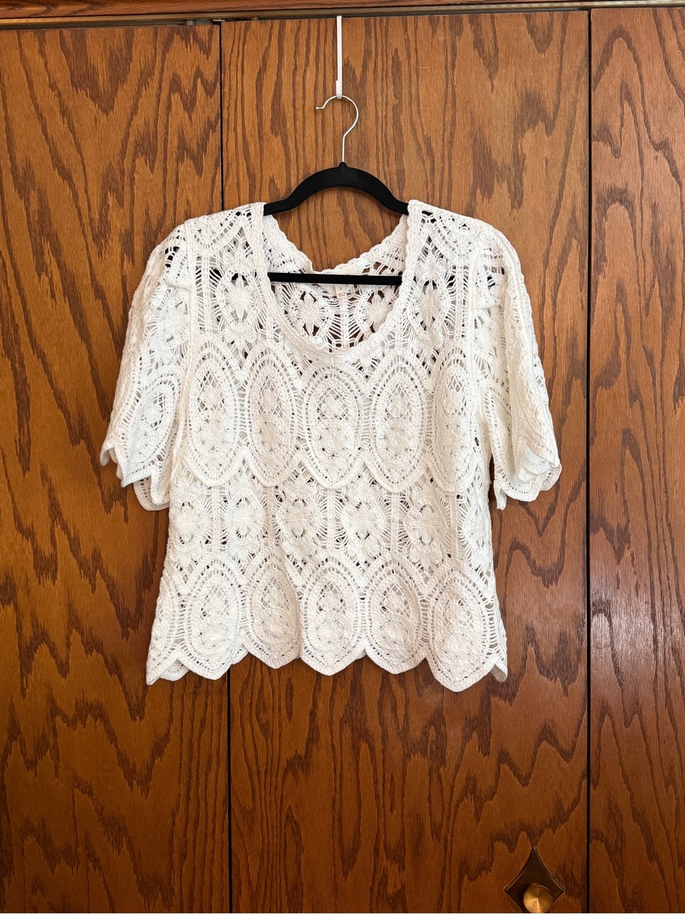 Adiva Crochet Lace Top Ivory Boho Short Sleeve Sheer Medium